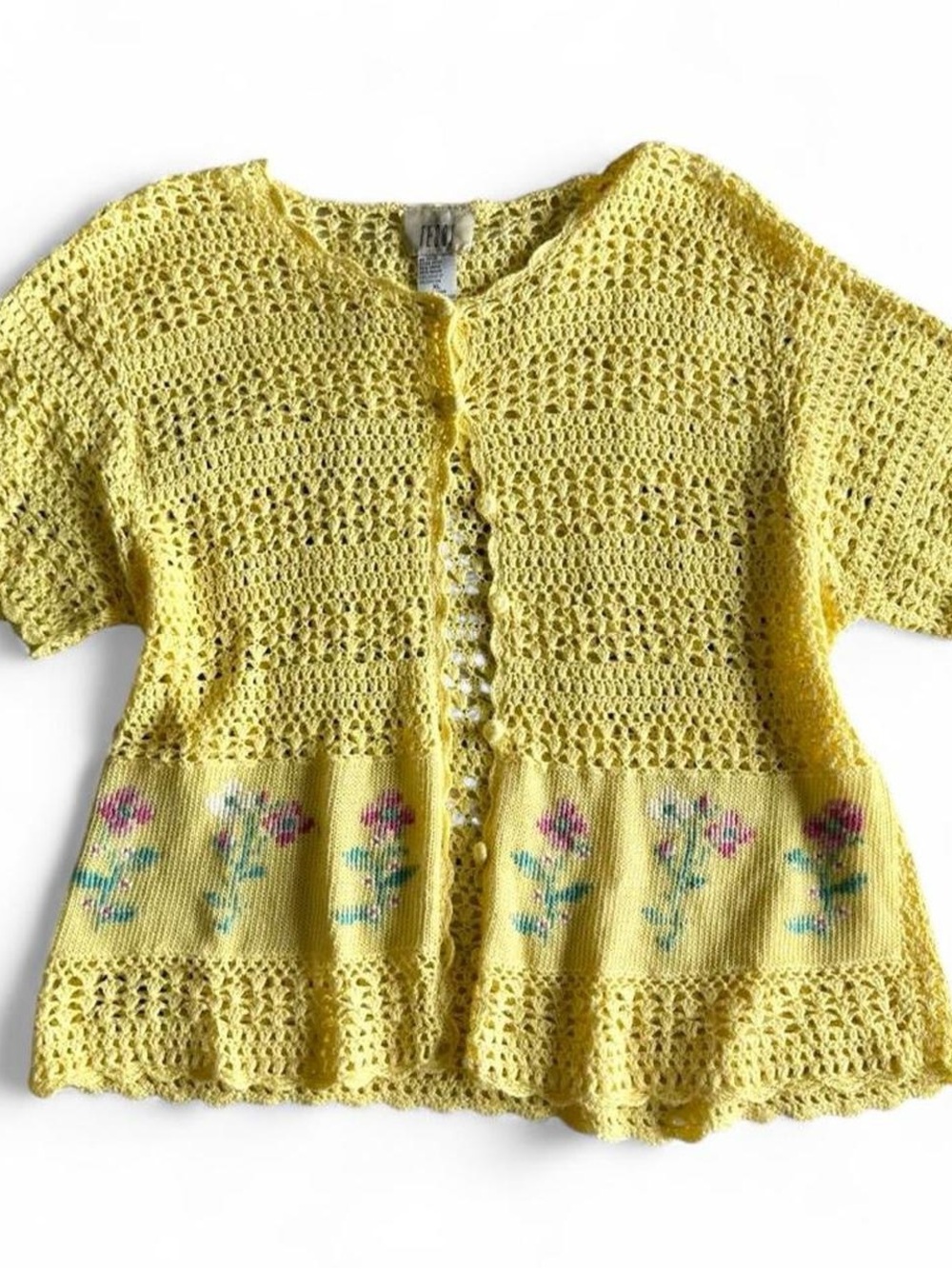 Vintage Teddi yellow open knit floral embroidered short sleeve cardigan